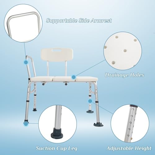 Winado Tub Transfer Bench for Bathtub with Backrest & Armrest, Supports up to 330 lbs Aluminium Alloy Bath Chair, White
