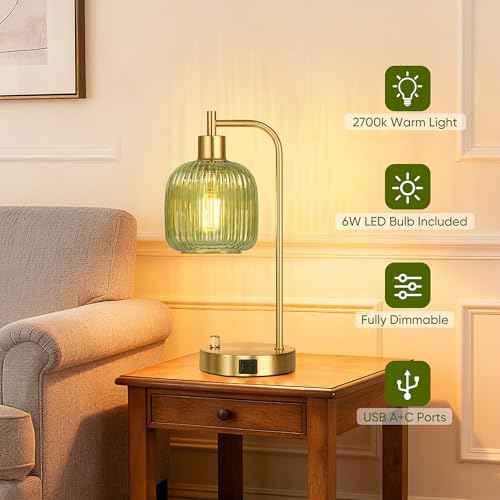 QiMH Industrial Table Lamp for Bedroom Set of 2, Green Glass Beside Lamp with USB A&C Ports, Stepless Dimmable Gold Lamps, Nightstand Lamps for Living Room, Office, Home Decor(Bulb Included)