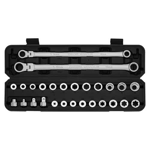 EMENTOL 27PCS Extra Long Flex Head Ratcheting Wrench Set, CR-V, Double Box End Ratchet Wrench Set with 8mm - 22mm, E8 - E22, 1/4", 3/8", 1/2" Socket Adapters Replacement Heads
