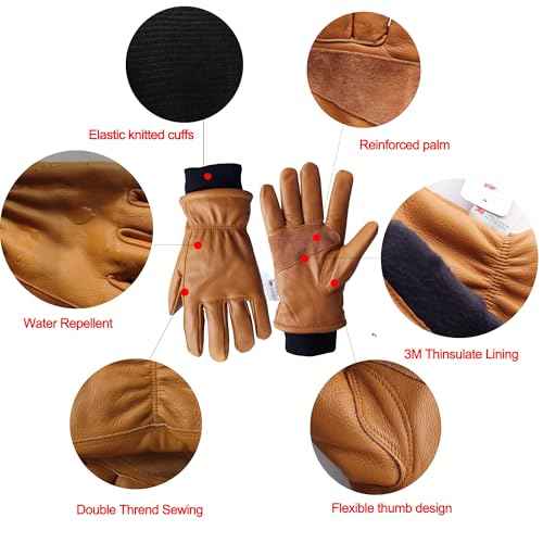 Retro Brown Cowhide Leather Work Gloves for Construction, Yardwork, Gardening with Reinforced Palm for Men & Women