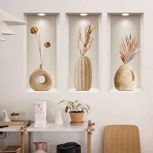 3D Dried Flower Vase Wall Stickers, 3Pcs Rustic Blossom PVC Wall Decals, Removable 3D Floral Wall Art for Living Room, Bedroom, Entryway, Sofa Backdrop, Yoga Studio, Office, Home Decor