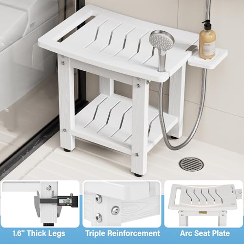 YEFU Shower Chair for Inside Shower: Waterproof/No Maintenance - Shower Stool with Shelf & Handle Weight 400 LBS - Use for Bathrooms/Outdoor - Non-Slip Easy Assemble Bench for Adult/Elderly/White