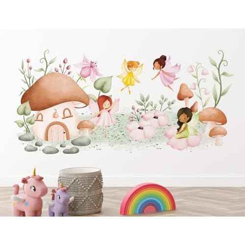 Woodland Mushroom Wall Decals Mushroom House Garden Wall Stickers Peel and Stick Fairy Floral Plants Wall Art for Girls Bedroom Baby Nursery Living Room Sofa TV Background Decor