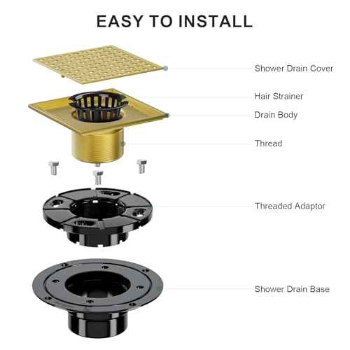 Brushed Gold Shower Drain 4-1/4 Inch - Square Shower Floor Drain Kit with ABS Flange for 2" or 3" Pipe, Drain with Hair Strainer,Removable Strainer Cover,SUS304 Stainless Steel & CUPC Certified