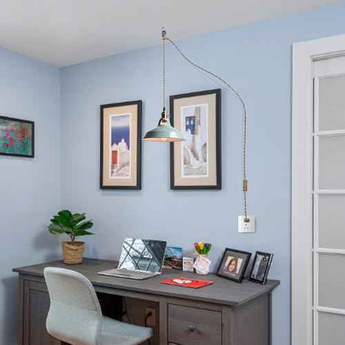 YUBOLE Modern Macaron Plug-in Plendant Light,10.6-Inch Hanging Light Fixtures with Metal Barn Shade Adjustable 17.06 Feet Plug Cord Pendant for Kitchen Bar Dining Bedroom,Sea Blue