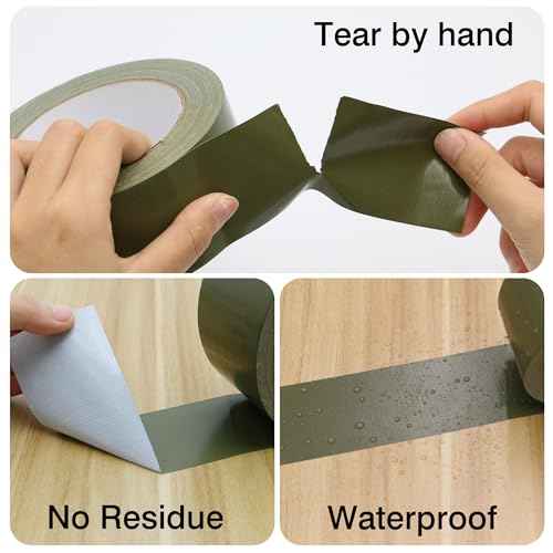 Heavy Duty Duct Tape 2 Inch X 33 Yards, Multi Purpose Olive Green Army Green Duct Tape, No Residue, Waterproof and Tear by Hand - for Repairs, Industrial, Professional Use