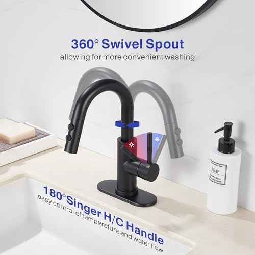 Bathroom Sink Faucet with Pull Down Sprayer, Matte Black Single Handle Pull Out Faucet with Pop-Up Drain, 1 or 3 Hole Laundry Bar Basin Faucet with Deck Plate, KBL-7002B-CL2