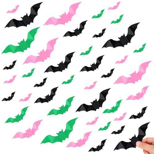 HOMIEE Halloween Party Supplies Hallween Decorations 3D Bat 64PCS Wall Decor, Pink Bats for Wall PVC Door Bats Stickers & Decals for Home Indoor Spooky Theme Party Supplies