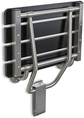 32-inch x 15-inch ADA Folding Wall Mount Bathroom Shower Seat Bench, Black Slatted Phenolic Seat