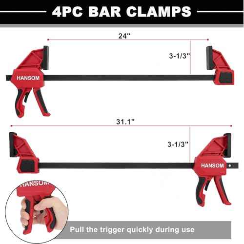 Upgraded 4-Pack 24 Inch Woodworking Clamps,Bar Clamps Heavy Duty 350LBS Throat Depth 3-1/3¡±,One-Handed Quick Grip/Spreader Wood Clamps Set with Quick Change Button