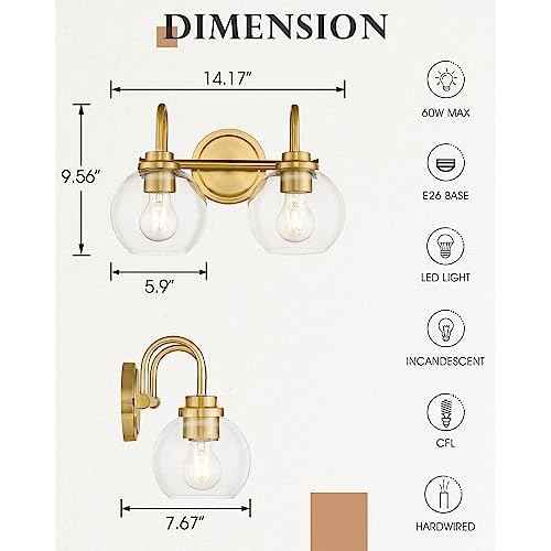 Bathroom Light Fixtures, 2-Light Brushed Gold Vanity Lights with Globe Clear Glass, Champagne Bronze Vanity Lighting Fixtures Over Mirror, AD-22280-2W-GD