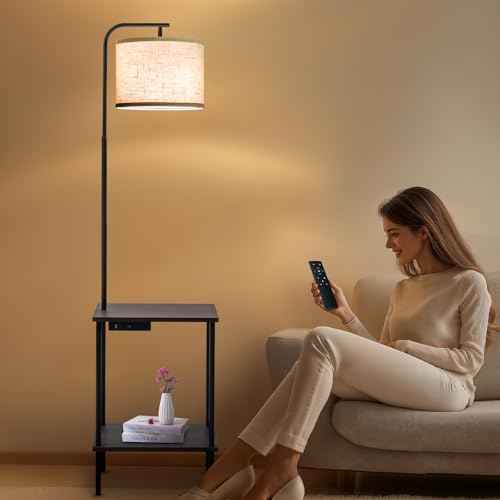 Floor Lamp with Table & Drawers, End Table Lamp with USB Charging Portt Power Outlet and Shelves, Side Table Reading Light with 3 Color Temperature Led Bulb Included for Living Room, Walnut