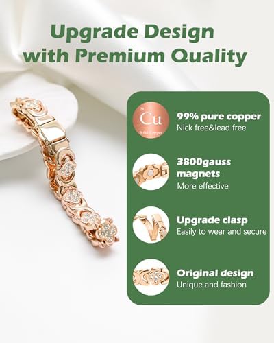 Jeracol Copper Bracelets for Women, Ultra Strength Magnetic Bracelets with 3800 Gauss Magnets & Sparkling Cubic Zirconia, Pure Copper Clover Jewelry with Ring