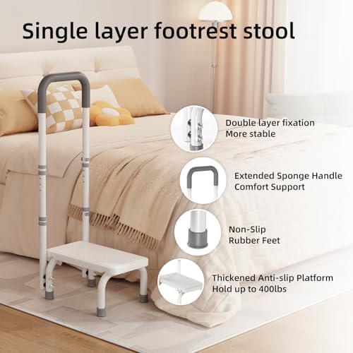 Height Adjustable Step Stool with Handle and Non-Skid Platform, Lightweight & Sturdy Standing Aid Support for Elderly, Seniors, Ideal for Bedside, Bathtub & Car Use, Holds up to 440 lbs (White)