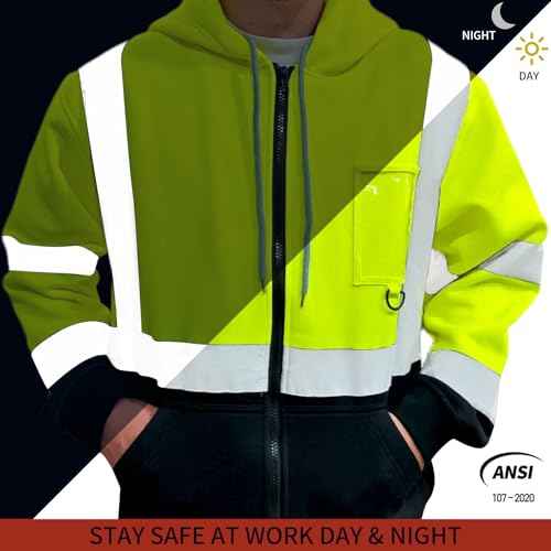 Hi Vis Hoodie for Men Zip up Reflective Sweatshirt Class 3 High Visibility Hoodie Safety Sweater with Black Bottom, Yellow, 4XL