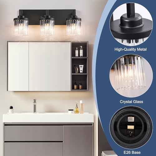 Modern Crystal Bathroom Light Fixtures, 3 Light Black Farmhouse Vanity Lights, with Crystal Glass Shade, Industrial Bathroom Lighting Fixtures Over Mirror Wall Light for Bedroom Living Room