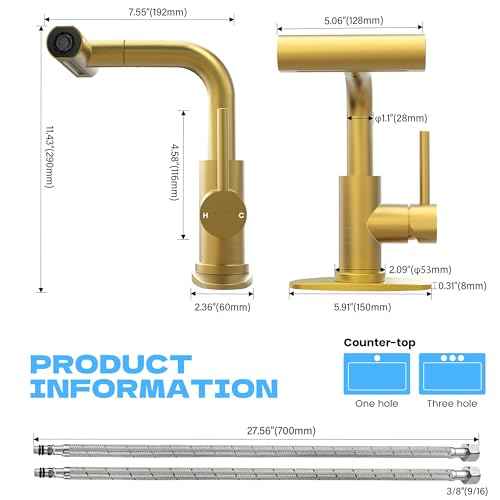 Gold Bathroom Faucet with Sprayer - Brushed Gold Bathroom Faucets for Sink 1 Hole or 3 Holes, 4 Mode Single Handle Vanity Faucet Waterfall Bathroom Faucet with Pull Down Sprayer (No Drain)
