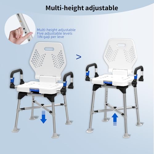 Swive Shower Chair for Seniros Elderly Disabled or Bariatric Adults with Arms and Back, Bench Seat for Inside Shower Stall and Bathroom Bath Tub Seats Adjustable Stool Heavy Duty 500 lbs sit Chairs