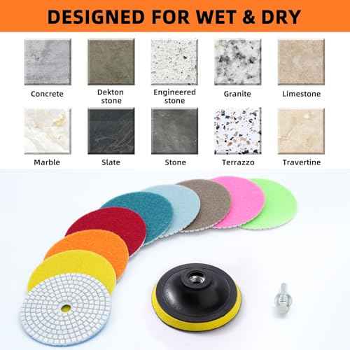 XKDOUS 16pcs 4" Diamond Wet Polishing Pads with Backer Pad,50-6000 Grit Pads,Wet/Dry Granite Polish Kit for Drill Grinder Rock Polisher Granite Marble Stone Concrete Tile Tools