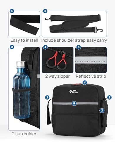 JOYTUTUS Wheelchair Backpack, Wheelchair Bag with Cup Holder, Wheelchair Accessories Bag with Reflective Stripe and Shoulder Strap for Rollator Wheelchair (11 * 11 * 3.74 in)