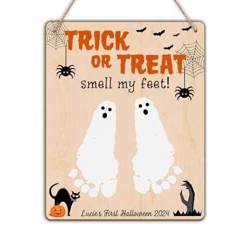 Baby's First Halloween Footprint DIY Wooden Hanging Sign, Baby's 1st Halloween Art Craft Gifts, My First Holiday Milestone Signs, Trick or Treat Smell My Feet Halloween Decor Sign (Nature)