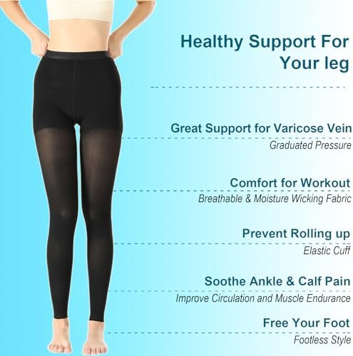 Medical Compression Pantyhose For Women & Men,20-30mmHg Graduated Support Hose Tights,Opaque Footless Waist High Compression Stockings For DVT,Varicose Veins,Relief Shin Splints,Edema,Swelling