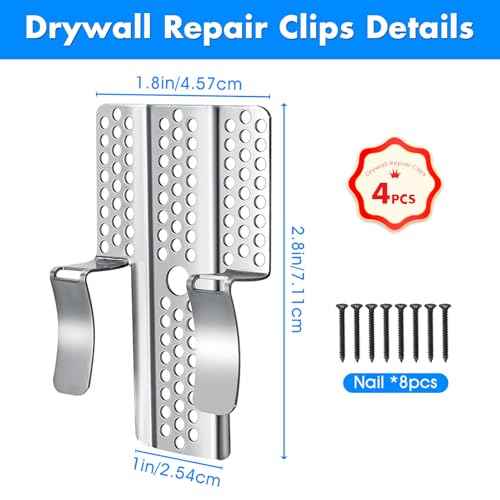 4 Pack Drywall Repair Clips,Easy Drywall Repair Kit,1/2" Stainless Steel Wall Patch Clips with 8 Screws for Damaged Walls Repairing (4 Pack)