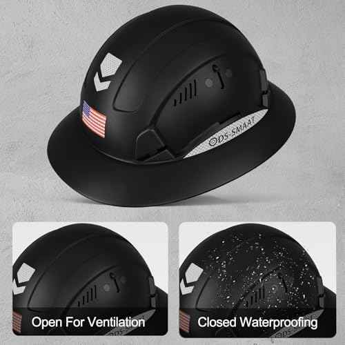 Full Brim Hard Hat - ANSI Z89.1 Type 1 & OSHA Certified Safety Helmet with Visor for Construction, Lightweight HDPE Shell with 6-Point Suspension & Reflective Strips (Black)