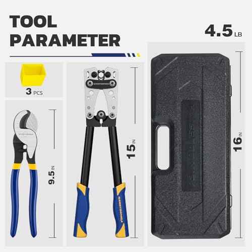haisstronica Heavy Duty Battery Cable Crimping Tool Kit-Ratchet Hex Extended Handle Crimper for 8,6,4,2,1,1/0 AWG Copper Lugs with Blow Molded Box,Cable Cutter, 48PCS Copper Lugs&Heat Shrink Tubing