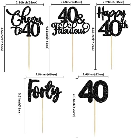 30 Pack Happy 40th Birthday Cupcake Toppers - Black Glitter Forty Cheers to 40 Years Old Cupcake Picks for Anniversary Party Cake Decorations