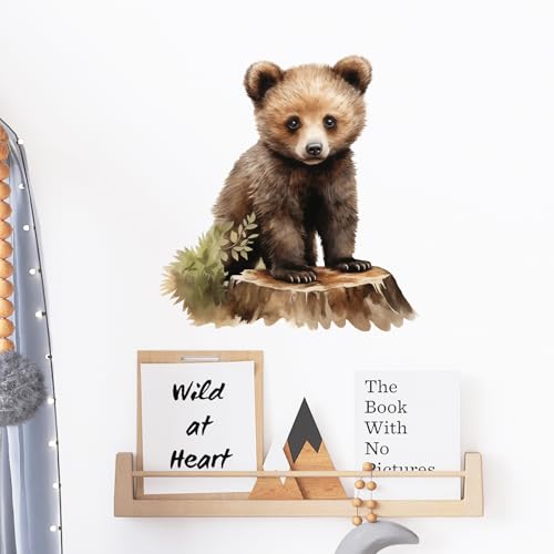 Lifelike Bear Standing on Tree Stump Wall Stickers for Nursery Little Bear Animal Wall Decal Stickers Peel and Stick Wall Art Home Decor Wall Stickers for Living Room Bedroom Classroom