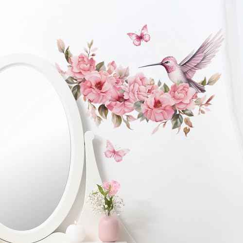 Pink Hummingbird Butterfly Flower Wall Stickers, sacinora Peach Blossom Peony Bird Wall Decals Removable Vinyl Peel and Stick for Girl Woman Nursery Living Room Bedroom Art Decorations