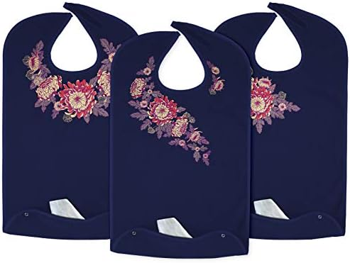 Women's Waterproof Adult Bib with Embroidered Design, Reusable, Washable 3 Pack (Chrysanthemum)