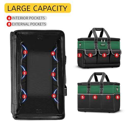Tool Bag, 14-inch Wide Mouth Tool Storage Organiser, 600 Denier with 6 Interior 8 Exterior Pockets for Home DIY & Equipment Storage, Green and Black (14 inch)