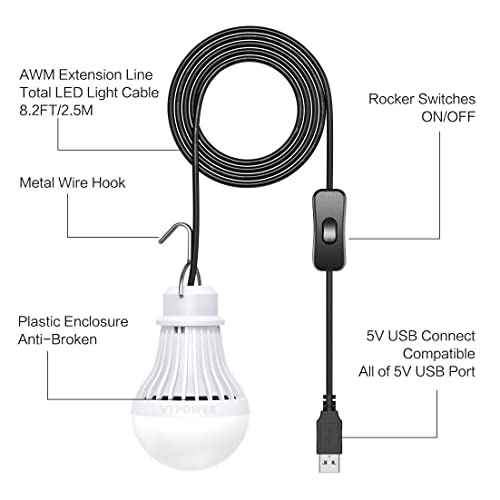 4 Pack Portable LED Bulb, 5W USB LED Camping Light for Garage Warehouse Car Truck Fishing Boat Outdoor Emergency Light Children Bed Room, 2.5m/8.2ft Extension Cord¡¦