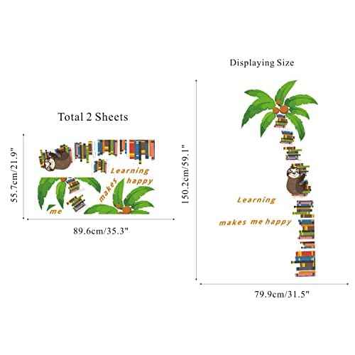 IARTTOP Coconut Tree Sloth Wall Decal Book Tree Sloth Wall Sticker Large Book Tree Wall Stickers for Bedroom Study Room Living Room Decoration