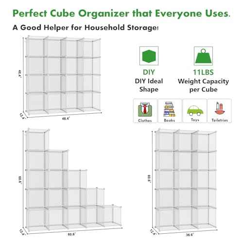 C&AHOME Cube Storage Organizer, 16-Cube Shelves Units, Plastic Storage Cubes, DIY Closet Organizer, Modular Closet Storage Shelf Ideal for Home, 48.4" L ¡¿ 12.4" W ¡¿ 48.4" H Transparent Twill UPCS16T