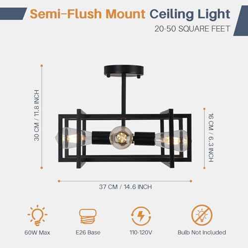 Industrial Semi Flush Mount Ceiling Light Fixture,4-Light Kichen Light Fixture Ceiling Mount,Farmhouse Chandelier,Modern Black Ceiling Light for Dining Room, Bedroom, Hallway