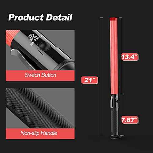 RoadHero 4 Pack Traffic Wand, 21 Inch Led Traffic Control Wands with 2 Flashing Modes, Safety Light Baton with Side Clip for Airport, Parking, Car Directing