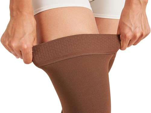 MGANG 15-20 mmHg Compression Stockings for Women & Men, Thigh High Medical Footless Graduated Compression Sleeves with Silicone Dot Band, for Varicose Veins, Edema, Travel, Flight, Pregnant, Brown S