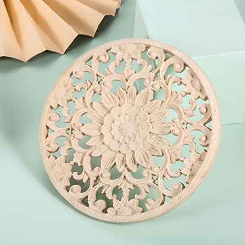 MUXSAM Round Wood Carved Onlays Appliques, Unpainted Clear Carved Wooden Carvings Center Decals for Closet Door Cabinet Drawer Wall Ceilling Dresser Wardrobe Furniture DIY Decor(2-Pack, 10cm/3.9")