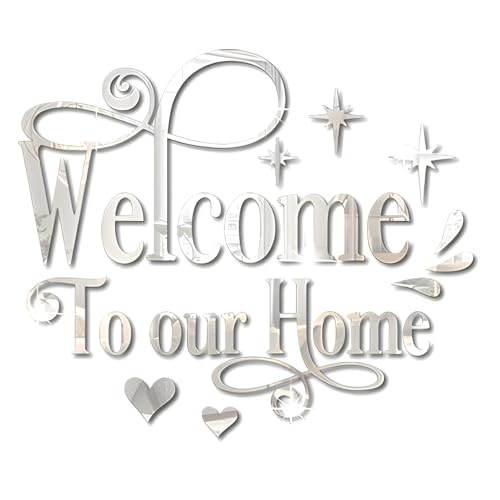 INCAUCA Welcome to Our Home Wall Decor Sticker, Home Acrylic 3D Mirror Wall Decal, Removable Art Letter Sign, Wall Door Quote Decoration DIY for Living Room Bedroom Sofa TV Background (Silver)