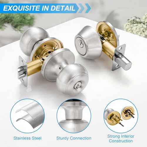 4 Pack Exterior Door Lock Set, Satin Nickel Door Knob and Deadbolt Combo Set, Keyed Alike Entry Door Knobs with Lock&Keys, Round Ball Door Locksets with Deadbolt for Entrance and Front Door