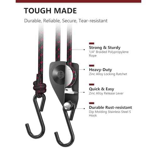 VIPARSPECTRA Ratchet Tie Down Straps, 1/4" Adjustable Rope Hangers [8 Pack, 12FT, 150 lbs/Pack], Heavy Duty Kayak Pulley System with Hooks for Garage Cargo Trucks Tents Grow Lights Various Lashing