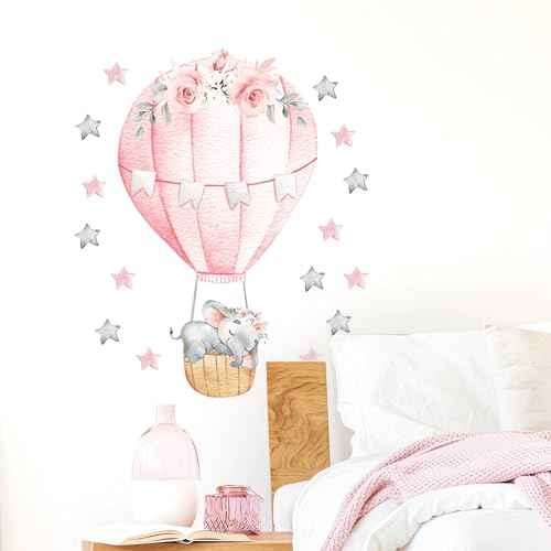Pink Sleeping Baby Elephant Hot Air Balloon Stars Wall Stickers, sacinora Cute Art Wall Decals Removable Vinyl Peel and Stick for Kids Baby Girl Nursery Bedroom Toddler Room Decorations