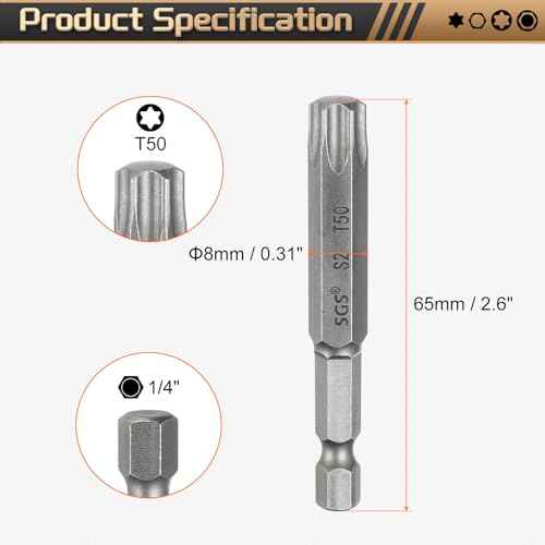 HARFINGTON 3pcs T50 Torx Head Screwdriver Bit 1/4" Hex Shank 2.6" (65mm) Long Magnetic No Hole Tip Tamper Proof 6 Point Star Screw Driver Drill Bits S2 Steel Industrial Power Screwdrivers