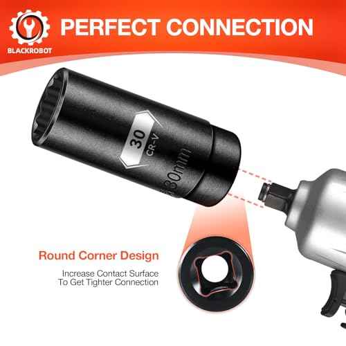 BLACKROBOT 30 mm 12-Point Deep Impact Socket, 1/2 Inch Drive, Metric, Cr-V Steel With Black Manganese Phosphate Coating
