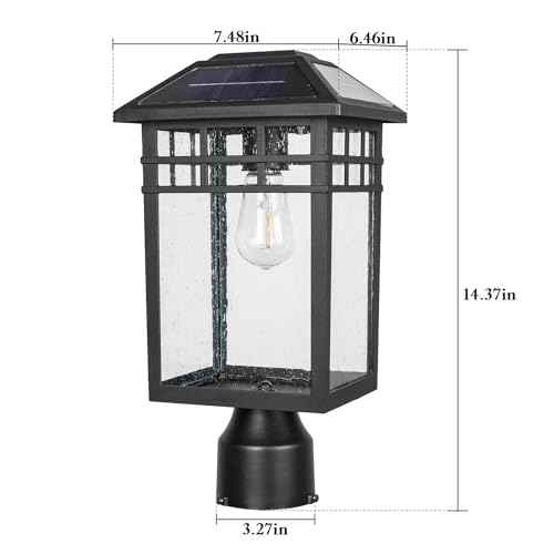 Solar Outdoor Post Light Fixture, Modern Exterior Pillar Lantern with Black Finish & Seeded Glass, Dusk to Dawn Outside Pole Light for Garden, Backyard, Courtyard, Patio, Pathway