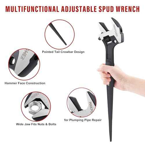 MAXPOWER 16-inch Adjustable Construction Spud Wrench, 4 in 1 Multifunctional Use for Spud Wrench, Adjustable Wrench and Hammer, Max Jaw Capacity Ups to 1.57"