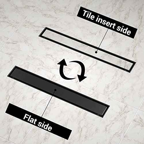 EXF Linear Shower Drain 28 Inch Matte Black with Reversible Flat & Tile Insert Cover, Stainless Steel Rectangle Shower Floor Drain with Hair Catcher, Adjustable Feet